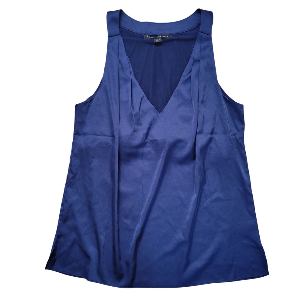Boston Proper 2 Sleeveless Blouse Navy Blue Pleated V Neck Tank Top Academia